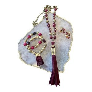 Chico’s Brushed Gold Long Burgundy Beaded Necklace, Earrings and Bracelets